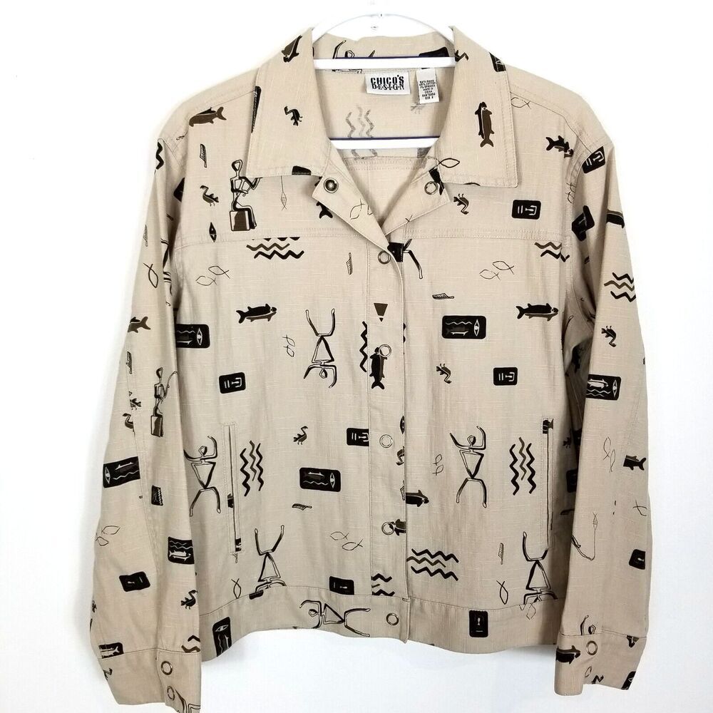 Chico's Design Women Tribal Print Light Jacket Sz L Tan Nature‎ Cotton Blend
